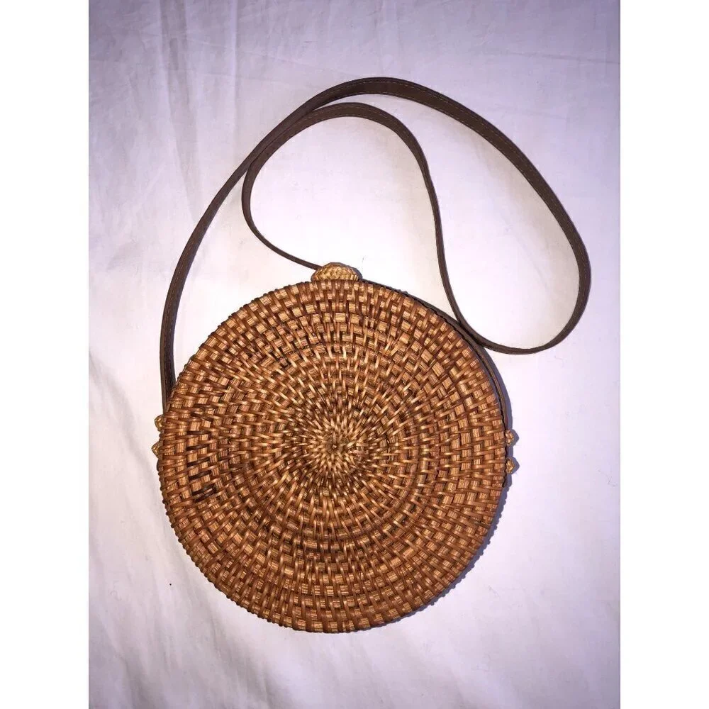 Straw Studios Bag Woven Circle Crossbody Shoulder Wicker Summer Beach Handmade - Picture 2 of 8